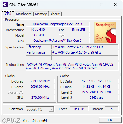 CPU-Z for Windows® ARM64